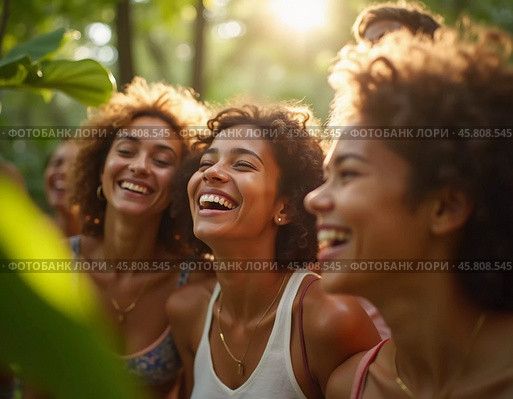 Friends celebrate summer getaway in lush tropical setting with laughter and smiles amidst vibrant greenery. Tropics are climatic zones of Earth in which Sun is at its zenith at least once year. AI. Стоковое AI-изображение, AI-художник Юлия Петровская / Фотобанк Лори