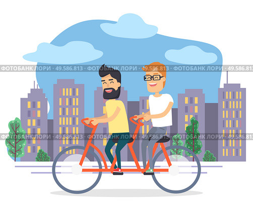 Friends men riding bicycle together in city. Smiling males in casual clothes going on ecotransport near buildings. People on transportation symbol in urban place. Friend activity biking in town vector. People Riding Bicycle Together in City Vector. Стоковая иллюстрация, агентство Ingram Publishing / Фотобанк Лори