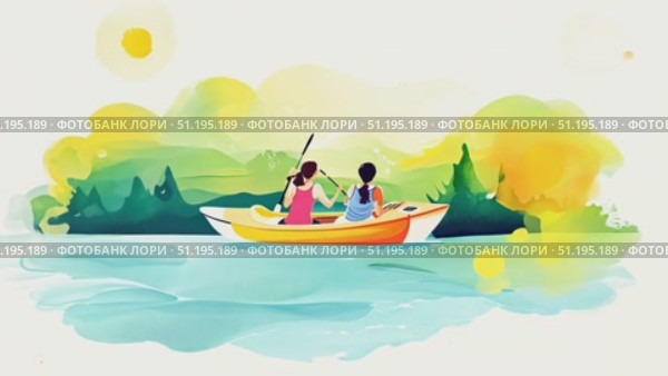Friends paddle together on a bright day, enjoying the tranquility of nature's beauty while exploring the peaceful lake surroundings. Стоковое AI-видео, аниматор Данила Большаков / Фотобанк Лори