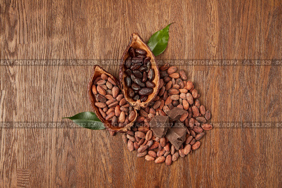 From above of halved Theobroma tree pods filled with piles of organic peeled and unpeeled cocoa beans with chocolate chunks placed on wooden surface. Raw dark beans of cocoa tree in pods. Стоковое фото, агентство Ingram Publishing / Фотобанк Лори