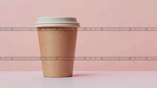 Front view of a Brown coffee paper cup. Mockup with lid. Set of craft paper cup for hot tea on beige pink background. Zero waste, plastic free concept. Disposable Recycled cup. Coffee to go mock-up. Стоковое AI-видео, аниматор Марина Демидюк / Фотобанк Лори