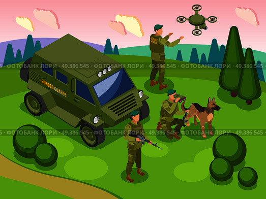 Frontier guards during border service with dog vehicle and drone with camera isometric vector illustration. Border Service Isometric Illustration. Стоковая иллюстрация, агентство Ingram Publishing / Фотобанк Лори