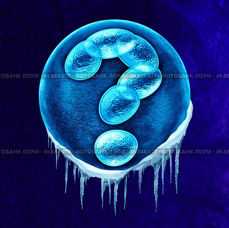 Frozen embryo concept and genetic and legal questions as a social issue or medical health care idea with a fertilized human egg embryo and dividing cells in the shape of a question mark as a symbol for fertility DNA and gene related issues. Стоковое фото, агентство Ingram Publishing / Фотобанк Лори