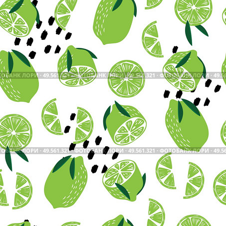 Fruit seamless pattern, limes with leaves and abstract elements on white background. Summer vibrant design. Exotic tropical fruit. Colorful vector illustration. Стоковая иллюстрация, агентство Ingram Publishing / Фотобанк Лори