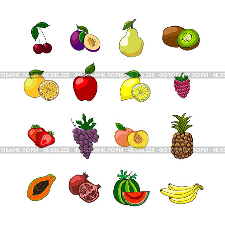Fruits icons set of orange grape apple strawberry kiwi pineapple cherry and others vector illustration. Стоковая иллюстрация, агентство Ingram Publishing / Фотобанк Лори
