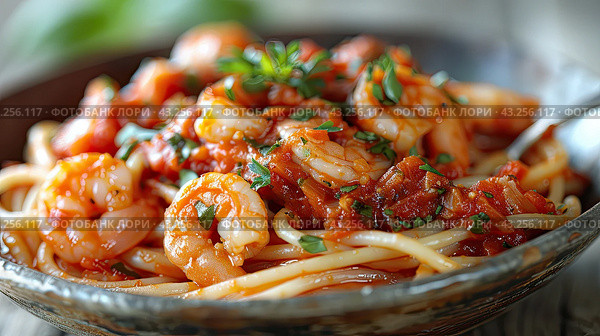 Fry the noodles with vegetables and shrimp in a black bowl. Against the background of the kitchen table. View from above. Стоковое AI-изображение, AI-художник Ярославский Максим / Фотобанк Лори