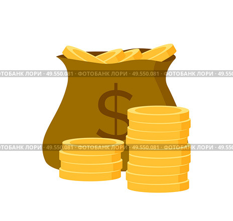 Full bag with dollar symbol, coins or golden money, bank and investment object, moneybag element for decoration, gold in sack, finance and currency, tax vector. Symbol of Cash, Golden Coins in Bag, Dollar Vector. Стоковая иллюстрация, агентство Ingram Publishing / Фотобанк Лори
