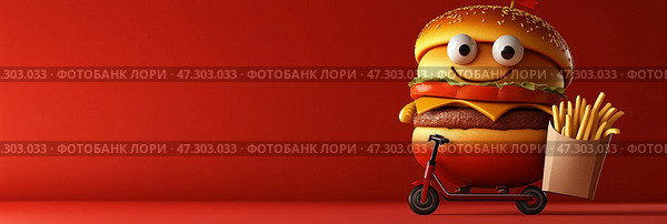 Fun cartoon burger character delivering fries on a scooter against a bold red backdrop. Веселый мультяшный персонаж, доставляющий картофель фри на скутере, на красном фоне. Стоковое AI-изображение, AI-художник Katsiaryna Repich / Фотобанк Лори