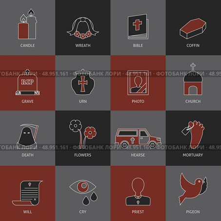 Funeral service eulogy speech tears and ash urn pictograms collection with mortuary toe tag vector isolated illustration. Стоковая иллюстрация, агентство Ingram Publishing / Фотобанк Лори