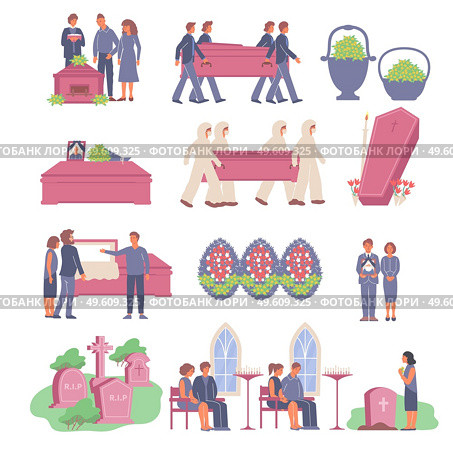 Funeral set of isolated icons with images of wreath eternity box and graves with human characters vector illustration. Funeral Flat Icons Collection. Стоковая иллюстрация, агентство Ingram Publishing / Фотобанк Лори