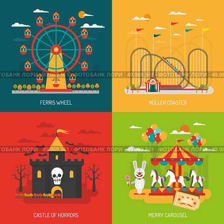 Funfair concept set. Funfair design concept set with children and family attraction flat icons isolated vector illustration. Стоковая иллюстрация, агентство Ingram Publishing / Фотобанк Лори