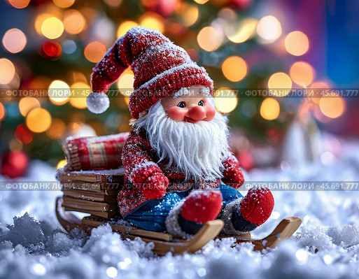 Funny gnome on a sleigh with gifts. Festive New Year's atmosphere. Стоковое AI-изображение, AI-художник Сергей Елизарьев / Фотобанк Лори