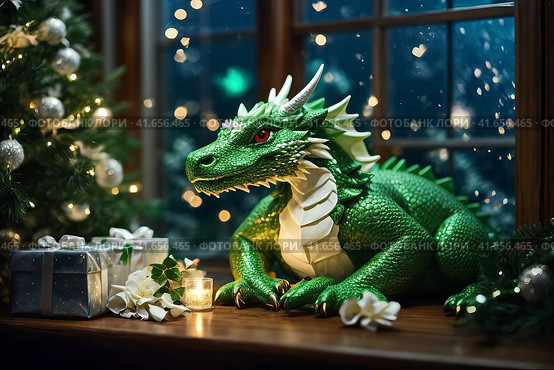 Funny green dragon, symbol of 2024 according to the eastern calendar. New Year card. Стоковое AI-изображение, AI-художник Сергей Елизарьев / Фотобанк Лори