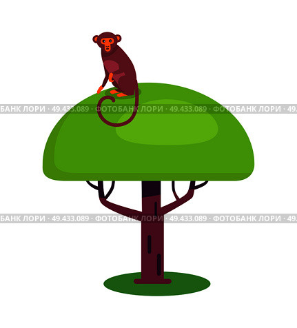 Funny monkey with long curled tail sits on big tree with thick foliage that stands on piece of grass isolated vector illustration on white background.. Funny Monkey with Long Tail Sits on Big Leafy Tree. Стоковая иллюстрация, агентство Ingram Publishing / Фотобанк Лори