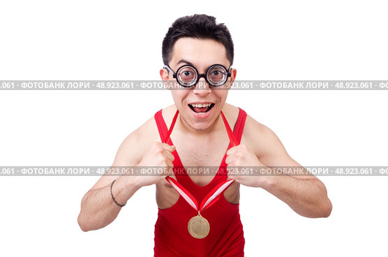 Funny wrestler with winners gold medal. Стоковое фото, агентство Ingram Publishing / Фотобанк Лори
