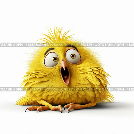 Funny yellow bird on a white background. Стоковое AI-изображение, AI-художник Анна Кривицкая / Фотобанк Лори