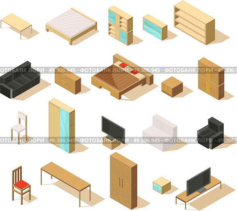 Furniture Isometric Elements Set. Furniture isometric set of isolated items with double beds sofas chairs armchairs bedside tables and tv vector illustration. Стоковая иллюстрация, агентство Ingram Publishing / Фотобанк Лори