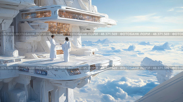 Future Retreat: An arctic observation outpost for scientific collaboration with researchers in the clouds. Стоковое AI-изображение, AI-художник Данила Большаков / Фотобанк Лори