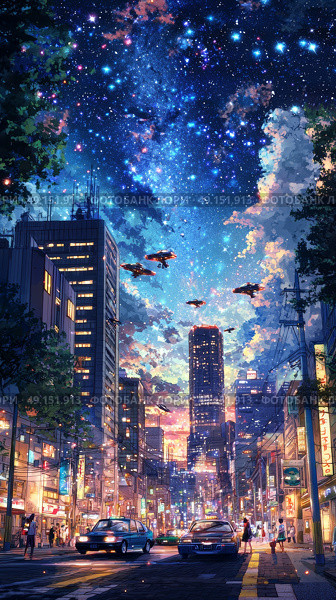 futuristic anime city with towering skyscrapers, flying cars, and a vibrant night sky filled with stars . Стоковое AI-изображение, AI-художник Anastasy Yarmolovich / Фотобанк Лори