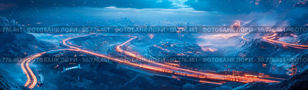 Futuristic Cityscape at Night: A Breathtaking Aerial View of Illuminated Highways Winding Through Snowy Mountains. Стоковое AI-изображение, AI-художник Данила Большаков / Фотобанк Лори