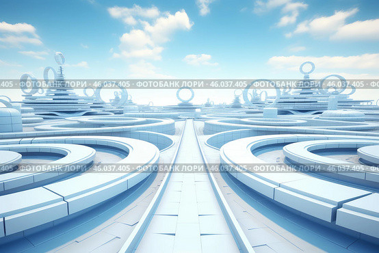 Futuristic cityscape with circular structures and pathway leading to distant buildings. Стоковое AI-изображение, AI-художник Иван Рябоконь / Фотобанк Лори