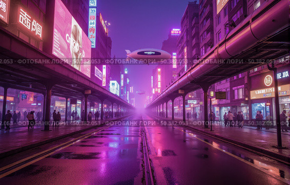 Futuristic cyberpunk city at night with neon lights reflecting on wet street, and people walking on sidewalks under train tracks. Стоковое AI-изображение, AI-художник Павел Муравьев / Фотобанк Лори