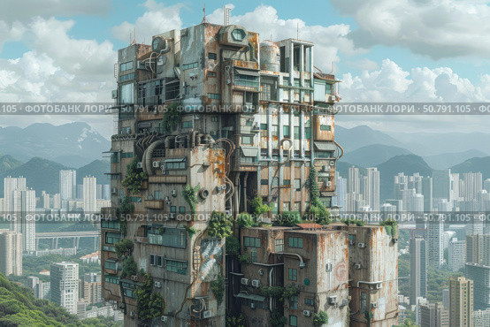 Futuristic dilapidated skyscraper towering over urban skyline. Стоковое AI-изображение, AI-художник Иван Рябоконь / Фотобанк Лори