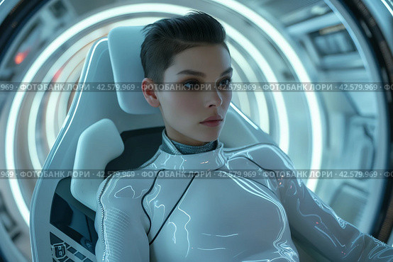 Futuristic Female Astronaut in Spacecraft. Стоковое AI-изображение, AI-художник Кирилл Черезов / Фотобанк Лори