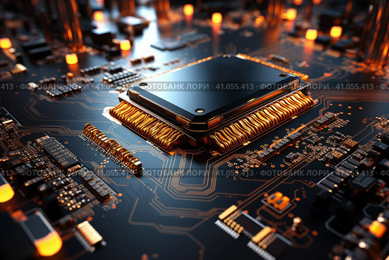 Futuristic future motherboard design with CPU socket, microchips, microprocessors, integrated circuits and connectors for connection, technology science background, AI Generated. Стоковое AI-изображение, AI-художник Станислав Тарко / Фотобанк Лори