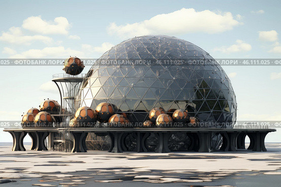 Futuristic geodesic dome building surrounded by metallic spheres in a frozen landscape. Стоковое AI-изображение, AI-художник Иван Рябоконь / Фотобанк Лори