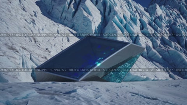 Futuristic glass monolith leaning against snowy glacier backdrop, emitting blue luminescence, highlighting technological innovation against pristine natural landscape. Стоковое AI-видео, аниматор Данил Руденко / Фотобанк Лори