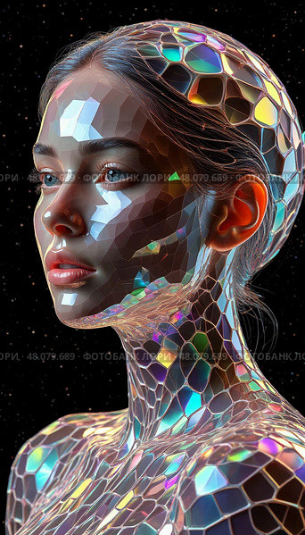 Futuristic holographic woman with multicolored geometric pattern on her skin. Стоковое AI-изображение, AI-художник Анастасия Пальчикова / Фотобанк Лори