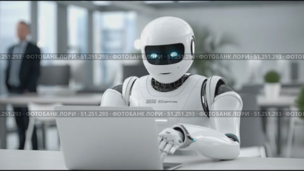 Futuristic humanoid robot with glowing blue eyes is working on a laptop in a modern office environment, showcasing advanced technology and innovation in the workplace. Стоковое AI-видео, аниматор Ирина Ручушкина / Фотобанк Лори