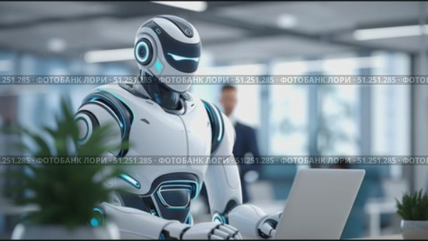 Futuristic humanoid robot with sleek design is working on a laptop in a modern office environment, showcasing advanced technology and collaboration with human colleagues. Стоковое AI-видео, аниматор Ирина Ручушкина / Фотобанк Лори