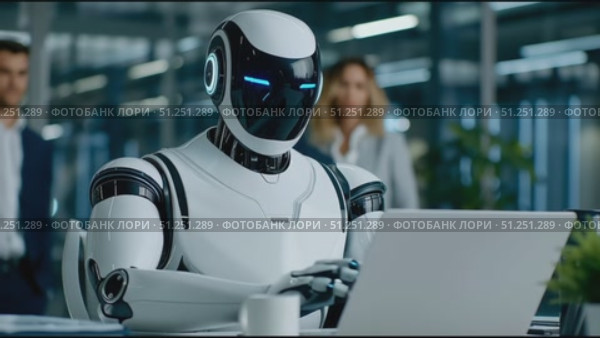 Futuristic humanoid robot working on laptop in modern office environment, surrounded by business professionals, showcasing advanced technology and collaboration in a corporate setting. Стоковое AI-видео, аниматор Ирина Ручушкина / Фотобанк Лори