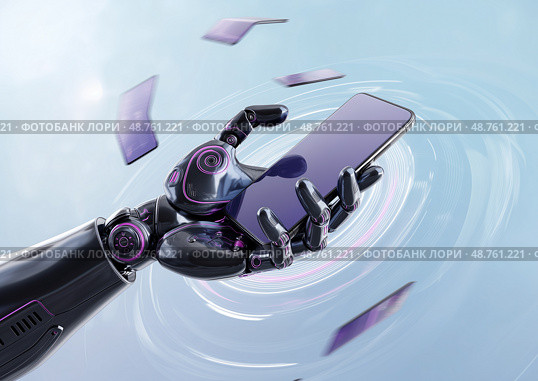 Futuristic metallic robotic hand with purple backlight holding a modern smartphone on a light background. Стоковое AI-изображение, AI-художник ArtVladZ / Фотобанк Лори