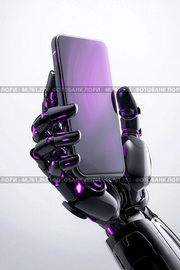 Futuristic metallic robotic hand with purple backlight holding a modern smartphone on a light background. Стоковое AI-изображение, AI-художник ArtVladZ / Фотобанк Лори