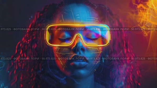 Futuristic portrait of a human deeply immersed in an ethereal glowing digital experience. Стоковое AI-видео, аниматор Данила Большаков / Фотобанк Лори