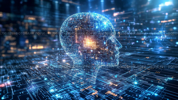 futuristic representation of artificial intelligence systems incorporating key elements like Artificial Neural Networks. Стоковое AI-изображение, AI-художник Anastasy Yarmolovich / Фотобанк Лори