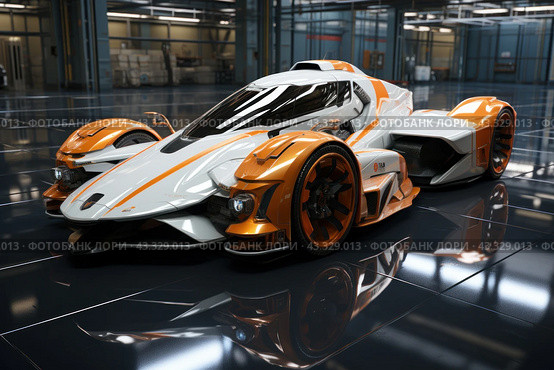 Futuristic sports car in a modern garage or auto repair shop. The car has a sleek design with sharp lines and a vibrant color scheme of white body with orange accents. The car sits on a shiny floor that reflects its details, adding extra depth and impact to the image. The car looks powerful and high-tech, with large wheels and aerodynamic elements. Around the car you can see details of the garage interior, which creates an atmosphere of high technology and innovation. Стоковое AI-изображение, AI-художник Анна Кривицкая / Фотобанк Лори