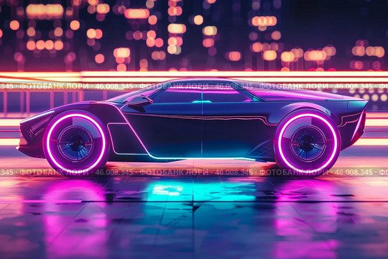 Futuristic sports car parked in cyberpunk city with neon lights. Стоковое AI-изображение, AI-художник Иван Рябоконь / Фотобанк Лори