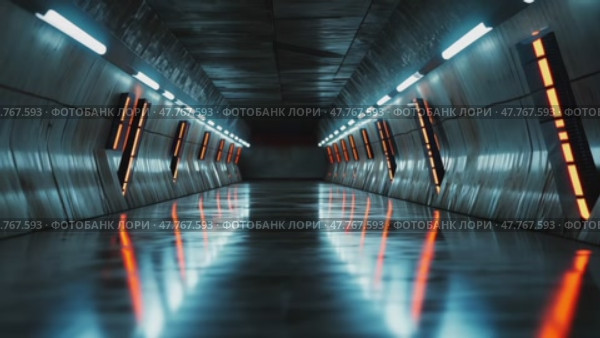 Футуристический неоновый туннель с отражениями и симметричными огнями в металлическом коридоре. Стоковое AI-видео, аниматор ФотоИнтеллект / Фотобанк Лори