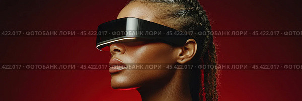 Футуристическое видение с неоновой подсветкой гарнитуры на ярком красном фоне. Стоковое AI-изображение, AI-художник ФотоИнтеллект / Фотобанк Лори