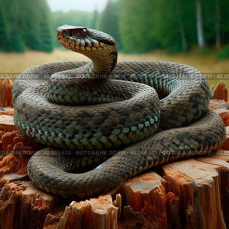 Гадюка на деревянном пне в лесу. A viper curled up on a tree stump in the wild. Стоковое AI-изображение, AI-художник Igor Murashko / Фотобанк Лори