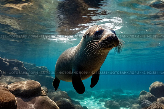 Galapagos fur seal (Arctocephalus galapagoensis) swimming in tropical underwaters. Lion seal in under water world. Observation of wildlife ocean. Scuba diving adventure in Ecuador coast. Copy space. Стоковое AI-изображение, AI-художник Aleksandr Golubev / Фотобанк Лори