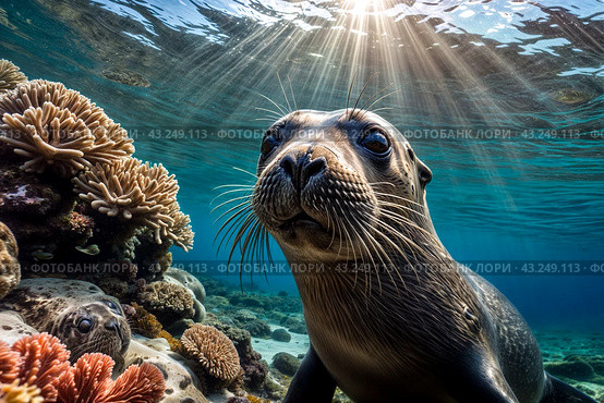 Galapagos fur seal (Arctocephalus galapagoensis) swimming at camera in tropical underwaters. Lion seal in under water world. Observation of wildlife ocean. Scuba diving adventure in Ecuador coast. Стоковое AI-изображение, AI-художник Aleksandr Golubev / Фотобанк Лори