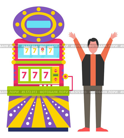 Gambler happy of victory, isolated man standing by slot machine showing lucky numbers. Winning money, triple 777 addicted gamer male. Vector illustration in flat cartoon style. Game Machine Luck, Lucky Sevens Happy Gambler. Стоковая иллюстрация, агентство Ingram Publishing / Фотобанк Лори