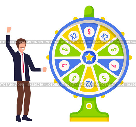 Game fortune wheel concept. Man playing risk game with fortune wheel and lottery. Casino and gambling vector. Illustration of casino fortune, wheel winner game. Man won, joyfully raised his hands up. Game fortune wheel concept. Man playing risk game with fortune wheel and lottery, gambling template. Стоковая иллюстрация, агентство Ingram Publishing / Фотобанк Лори