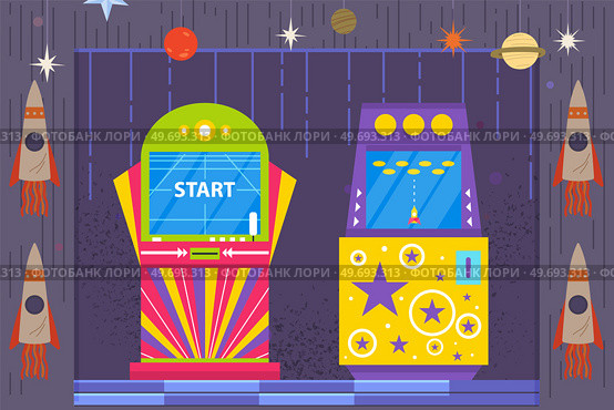 Game of 80s-90s in cosmic style. Arcade machines for entertainment. Retro arcade machines with games about space. Play area with rockets and planets in galaxy design. Vintage technoogy for gaming. Play area of 80s-90s with in cosmic style. Retro arcade gaming machines with games about space. Стоковая иллюстрация, агентство Ingram Publishing / Фотобанк Лори