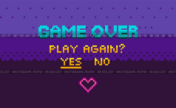 Game over and question of play again, yes or no choosing link, finish level page in purple color, pixelated graphic of final video-game, interface vector, 8 bit pixel text. Finish of Pixel Game, Play Again, Final Vector. Стоковая иллюстрация, агентство Ingram Publishing / Фотобанк Лори